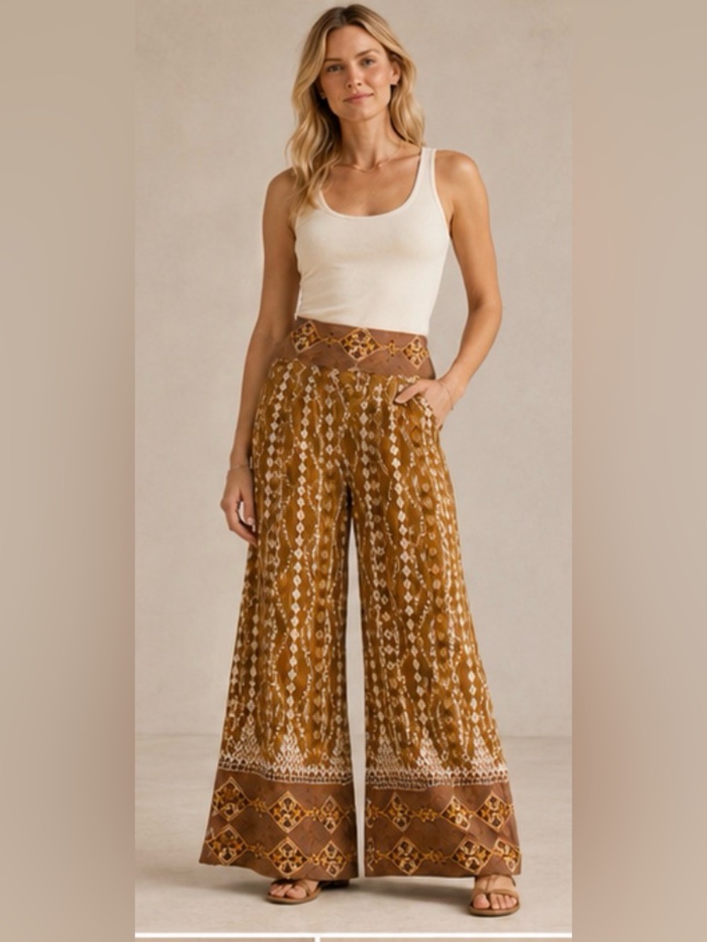 Angie Wide Leg Printed Smocked Waist Pocket Pants Size Large
